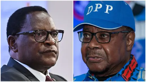 AFP/Getty Images A split picture shows Lazarus Chakwera (who wears glasses and a suit) and Peter Mutharika (who wears a colourful, patterened shirt and a cap emblazoned with name of his party - DPP).