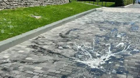 There is a grey brick road with white splashes on it. In a background is a dark-coloured stone wall with grass surrounding it. 