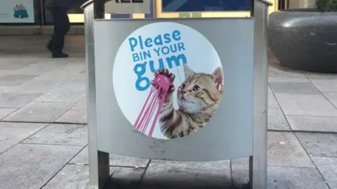 Chewing Gum Task Force A bin on an urban street. A round sign on the side of the bin has a picture of a cat with some pink gum stuck to its paw and reads: "Please bin your gum".
