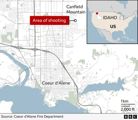 Map shows area of shooting in Idaho, US