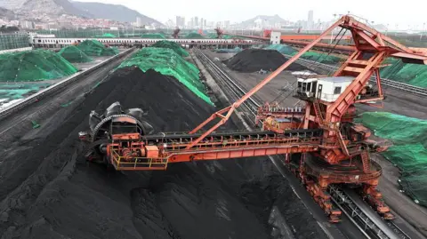 Getty Images Large machinery stacks reserve coal at a terminal yard