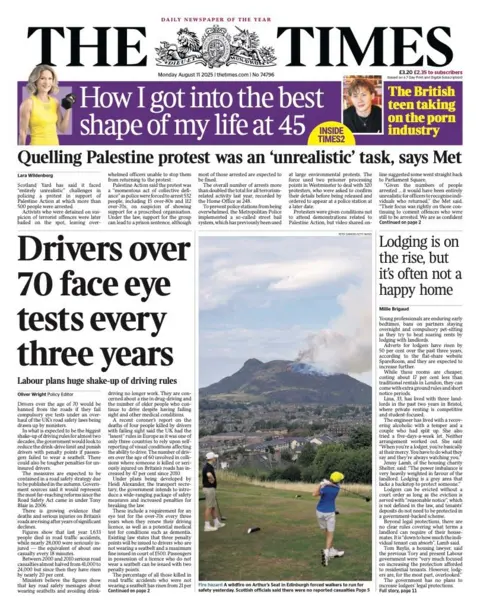 The headline on the front page of the Times reads: "Drivers over 70 face eye tests every three years".