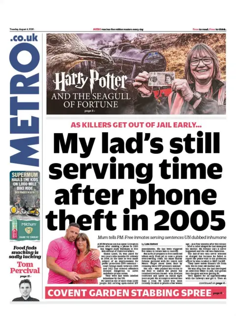 "My lad's still serving time after phone theft in 2005" reads the headline on the front page of Metro.