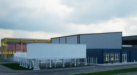 An artist impression of how the new hydrogen plant could look - a grey cladded, building, with a white coloured tank in front of it.