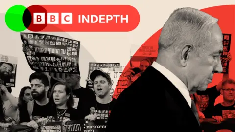 Two images: Benjamin Netanyahu on the right and on the left, relatives and supporters of Israeli hostages held captive hold their portraits during a protest in Tel Aviv