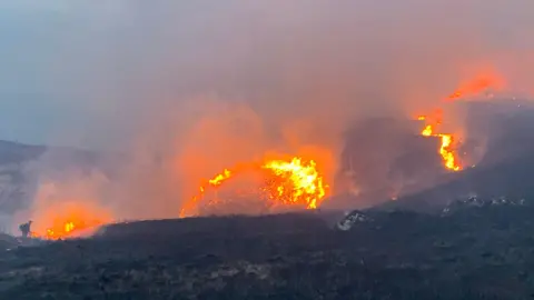 Scottish Gamekeepers Association A small figure in the bottom left of the photo is dwarfed by large flames spreading across a dark wilderness landcape.