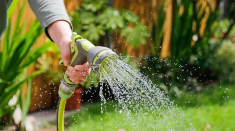 A hand holding a garden hose with water spraying out of it. The garden is visible, but blurry, in the background. 