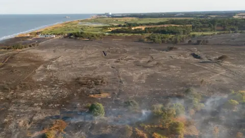 A bird's eye view showing charred blackened heathland in the foreground. The blue sea is to the left, and the white dome of a power station is in the distance by the coast.