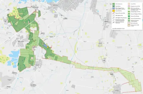 Fosse Green Energy Limited A map of Lincoln showing a highlighted green selected section with a red outline of the proposed solar farm.