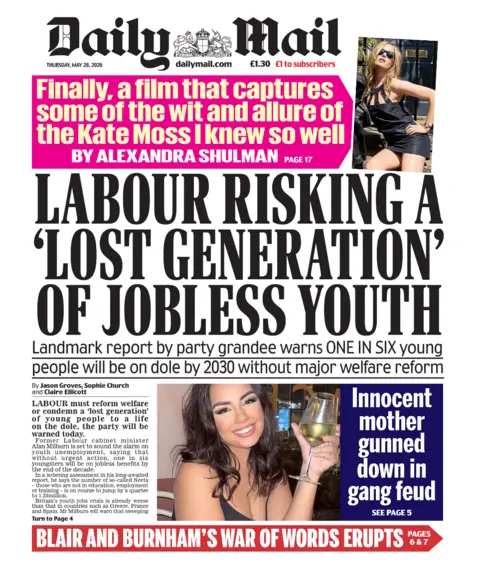 BBC "Labour risking a 'lost generation' of jobless youth" reads the headline on the front page of the Daily Mail.