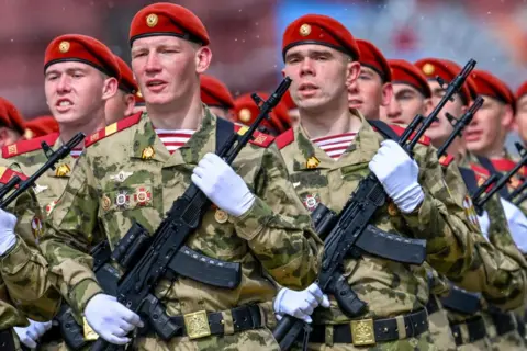  Ceremonial soldiers parade during 79th anniversary of the Victory Day in Red Square in Moscow, Russia on May 09, 2024