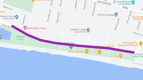 Google The purple route shows where the second lane of westbound traffic resumes and the cycle path moves onto the current shared pedestrian and cycle pavement