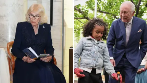 Splitscreen. Left, Camilla reads a book to kids. Right, Charles and a small child plant vegetables with a trowel. 