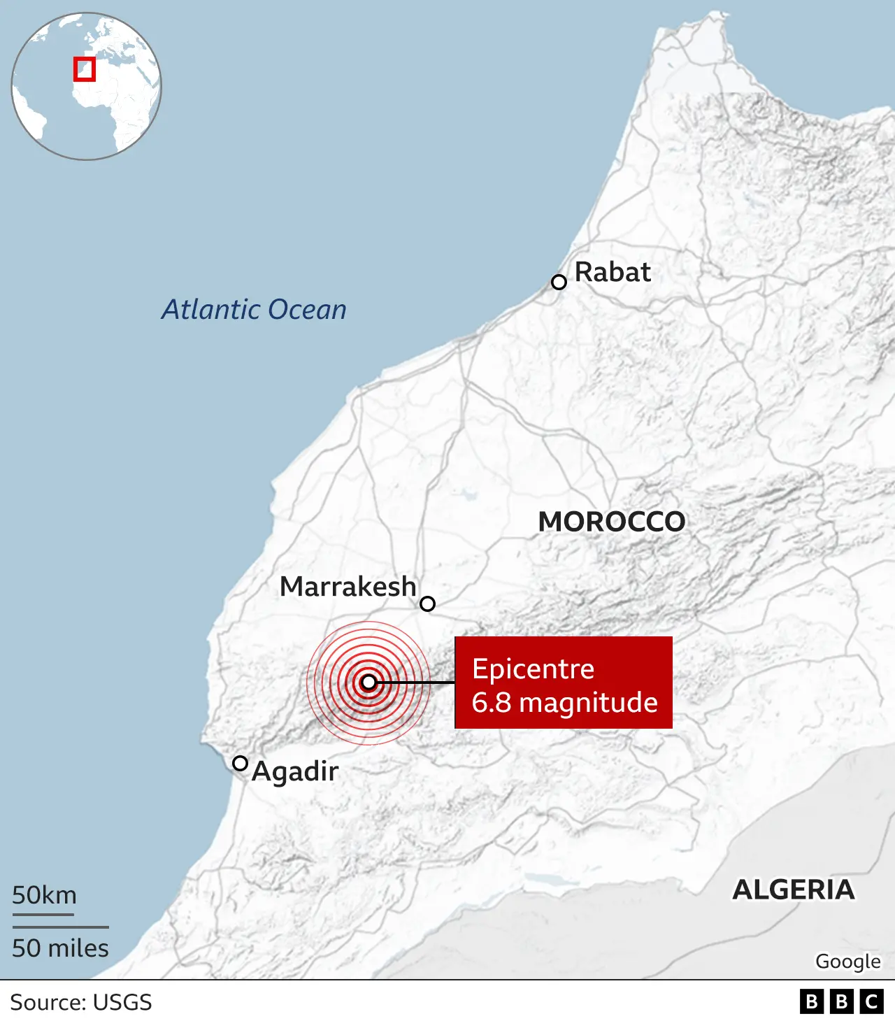 Map of Morocco showing epicentre of earthquake