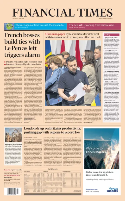 Financial Times The front page of the Financial Times, where the top stories are about the French election and Ukraine attempting to get a debt deal to keep it war effort on track