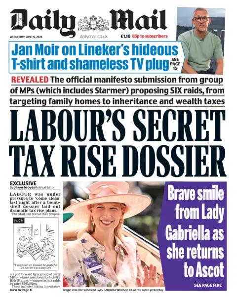 Daily Mail The front page of the Daily Mail, with the main headline reading "Labour's secret tax rise dossier"