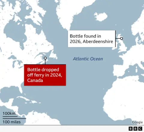 Map showing Canada, Atlantic, and Scotland.