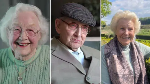 Three separate images of two elderly women and a man put together. The women are smiling widely. The man is smartly dressed. 