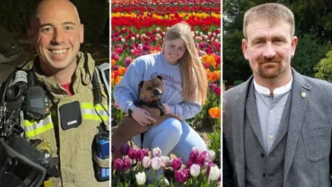 Facebook A composite of Martyn Sadler, wearing fire uniform and smiling, and Jennie Logan, wearing a grey jumper and cuddling a brown dog in front of a field of tulips and David Chester who is wearing a grey suit and lighter grey shirt which has a white collar