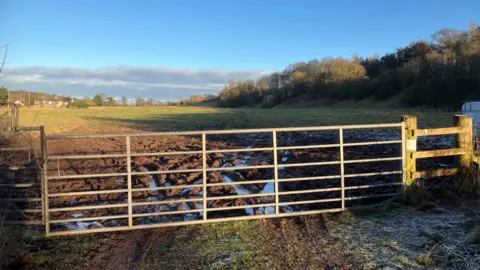 A six-barred metal gate marks the entrance to a muddy field. There are deep puddles and tyre tracks. The ground is frosty and a house can be seen in the far distance. The sky is blue but cold.