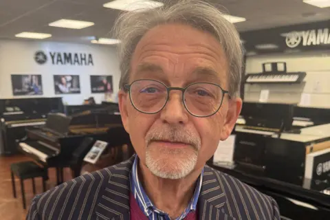 Andrew Collins in a stripy blazer, stood in a room with multiple pianos and keyboards.