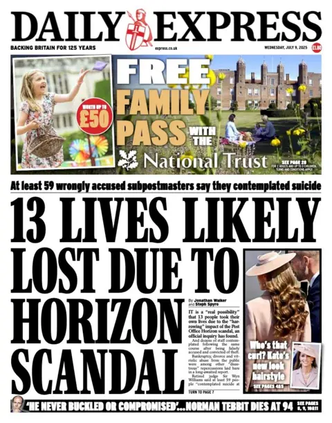 "13 lives likely lost due to Horizons scandal," is the headline on the front page of the Daily Express