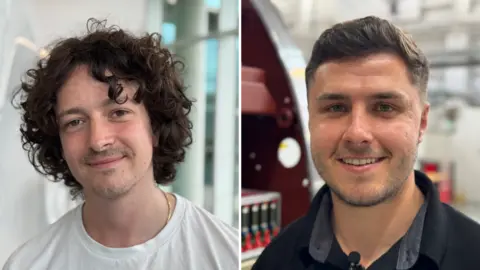 Lucinda Adam/BBC On the left Dylan has dark brown, long curly hair. He wears a white t-shirt. On the right, Cameron has short brown hair and a stubble beard and wears a navy polo shirt.