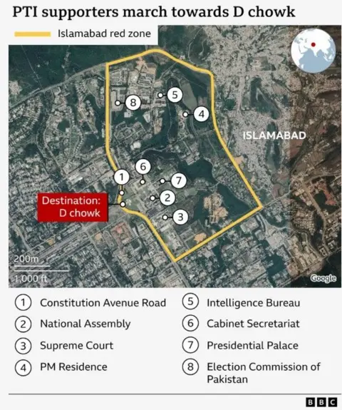 A map showing the city's red zone, and the final destination of the protest, D chowk