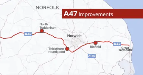 Map of A47 improvement locations