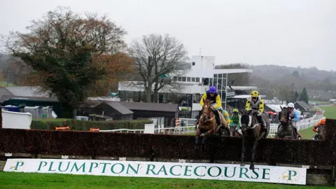 Jockeys on horses jump over a hedge on a racecourse. A spectator building is seen in the background. A sign under the hurdle reads Plumpton Racecourse.