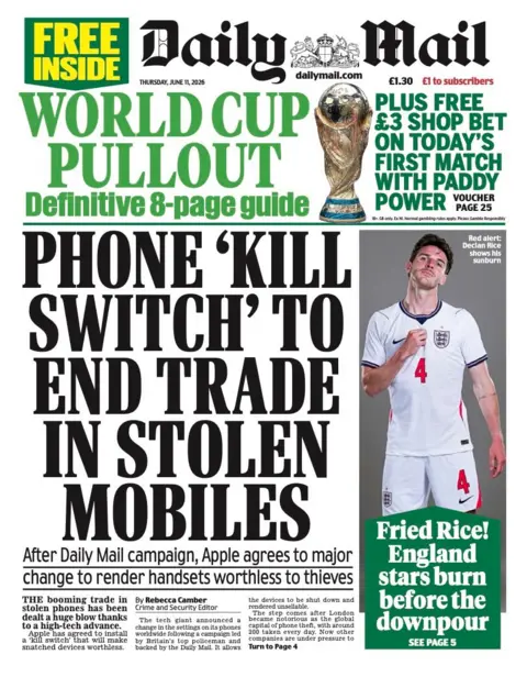The headline on the front page of the Daily Mail reads: "Phone 'kill switch' to end trade in stolen mobiles."