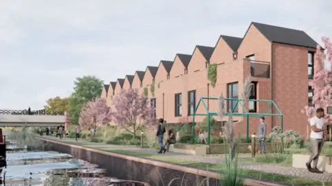 A computer-generated image showing homes on the right and in the middle along with some people on a path near a canal, which is on the left. A bridge is above it on the left as well.