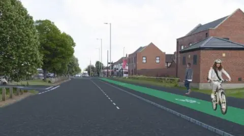 A computer-generated image of a proposed off-road cycle path for Preston Road in Hull on pavement