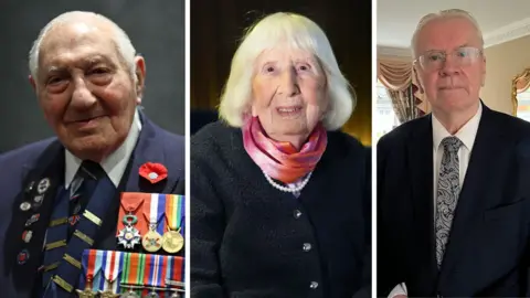 Getty Images/ PA Wire/ BBC A composite of Mervyn Kersh, Betty Brown and Toby Roberts. Kersh is in military uniform with medals pinned to his chest. He has short grey hair. Brown has a white bob haircut and is wearing a dark knitted sweater with a coral echarpe. Roberts is in a blue suit wearing a grey and black textured tie. He has square clear glasses and short grey hair.