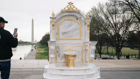 A new "Golden Throne" statue appeared early in the morning near the Lincoln Memorial.