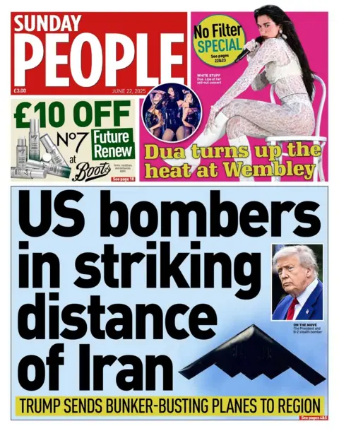 The headline on the front page of Sunday People reads: "US bombers in striking distance of Iran"