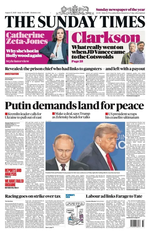 The headline on the front page of The Sunday Times reads: "Putin demands land for peace".