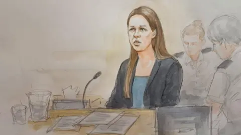 Helen Tipper/BBC Court drawing of Lucy Letby appearing at Manchester Crown Court