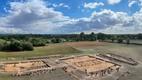 Suffolk County Council/Jim Pullen Drone photograph showing excavated hall and boundary ditch