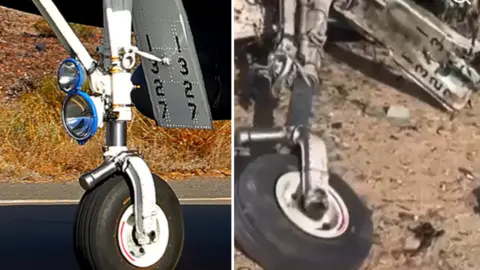 Dalibor Ankovic/DA Photography Composite image showing two front wheels of an American fighter jet. On the left is the wheel seen while the jet is taxiing. On the right is an identical wheel taken from a video of a crash. The wheel has a black tyre and white-coloured hub. There is a red stripe on each hub.