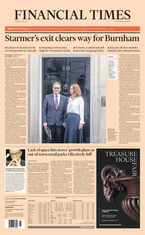 "Starmer's exit clears way for Burnham," reads the headline on the front page of the Financial Times.
