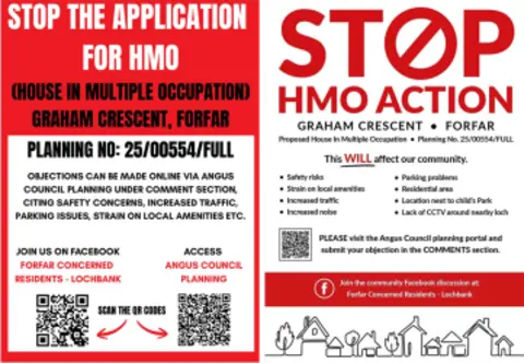 Two leaflets in red, white and black. One says: "Stop the application for HMO (house in multiple occupation) Graham Crescent, Forfar". The other says: "Stop HMO action Graham Crescent, Forfar". 