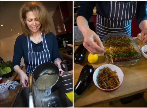 BBC Majeda preparing harra esbou, made with lentils, pasta, tamarind, pomegranate, onions and garlic