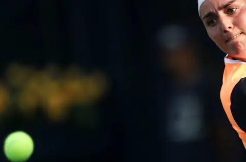 EPA Ons Jabeur of Tunisia in action during her first round match against Vera Zvonareva of Russia at the Dubai Duty Free Tennis WTA Championships 2022 in Dubai - Tuesday 15 February 2022