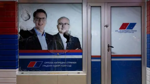 Getty Images A smashed window of the Serbian Progressive Party (SNS) office in Novi Sad