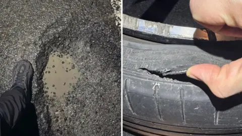 Thomas Burton A composite image of two pictures - the left shows a foot next to a pothole filled with brown water, the right one shows a hand prying open a damaged car tyre.