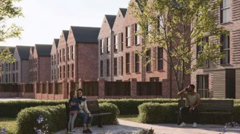 Triple Jersey Ltd A computer generated image showing a row of town-house style buildings with a paved square in the foreground, where a woman and her daughter are embracing and a man sits on a bench with a phone to his ear.