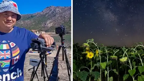 under_the_lights Split image showing photography scenes. In the left panel, a person wearing a bucket hat and a blue T-shirt stands beside a drone, two cameras and a telescope. Mountains and a waterfront are visible in the background. In the right panel, a field of sunflowers appears beneath a star-filled night sky, with several bright meteor trails visible above the plants.