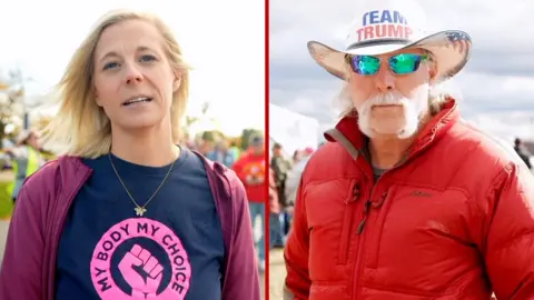 Split screen of a Harris supporter and a Trump supporter