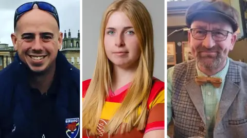 A composite of Martyn Sadler, wearing a rugby kit and smiling, Jennie Logan, wearing a red and yellow short-sleeve top, and Dave Chester who is wearing a grey flat cap and suit and is holding a pint glass.